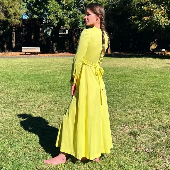 1970s Buttercup Poly & Velveteen Maxi Dress - Picture 3 of 8